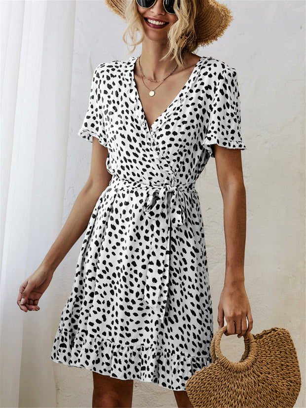 Black and White Print Short Sleeve Wrap Dress