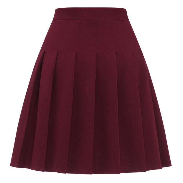 Dressystar Women Mini Pleated Skirt High Low Basic Flared A Line Skirt Burgundy