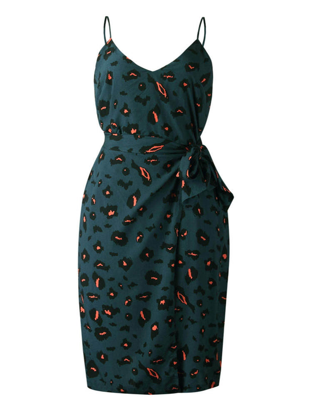 Chic Style Green Print Wrap Midi Dress