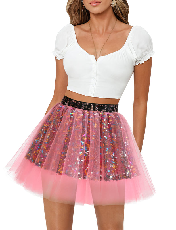 Dressystar Women Tutu Mini Sequins Skirts Tulle Petticoat Party Skirt Coral