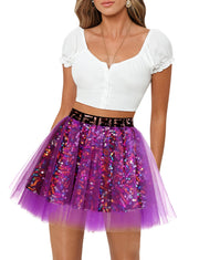 Dressystar Women Tutu Mini Sequins Skirts Tulle Petticoat Party Skirt Grape