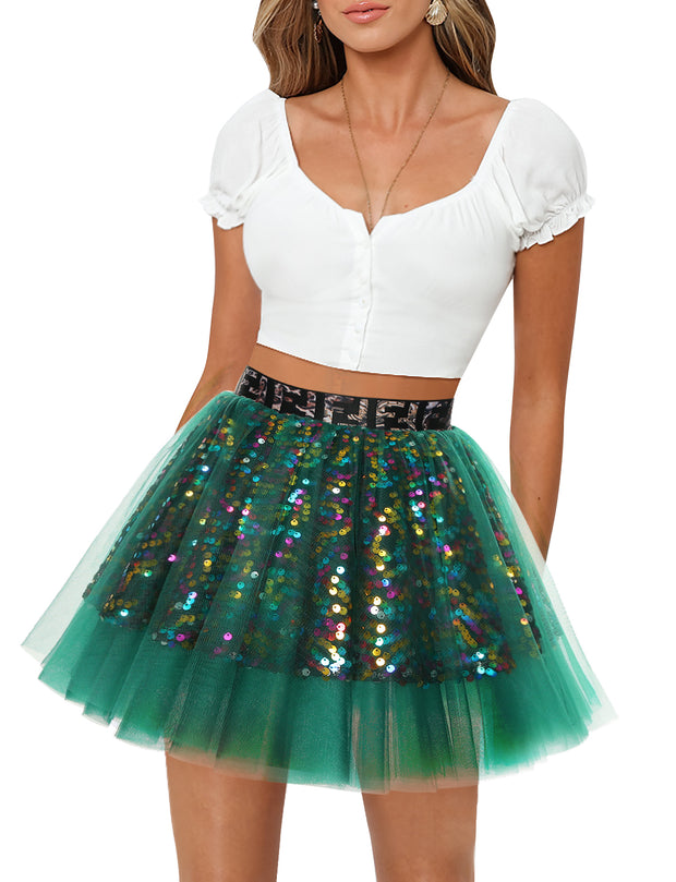 Dressystar Women Tutu Mini Sequins Skirts Tulle Petticoat Party Skirt Green