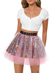 Dressystar Women Tutu Mini Sequins Skirts Tulle Petticoat Party Skirt Pink