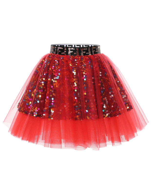 Dressystar Women Tutu Mini Sequins Skirts Tulle Petticoat Party Skirt Red