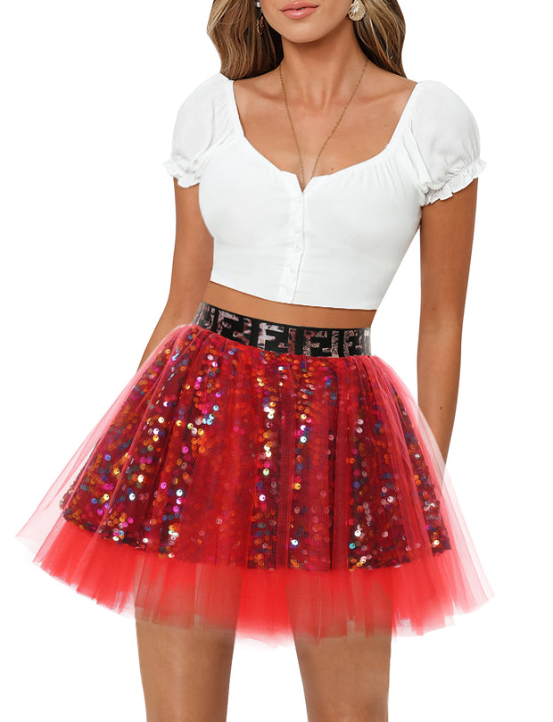 Dressystar Women Tutu Mini Sequins Skirts Tulle Petticoat Party Skirt Red