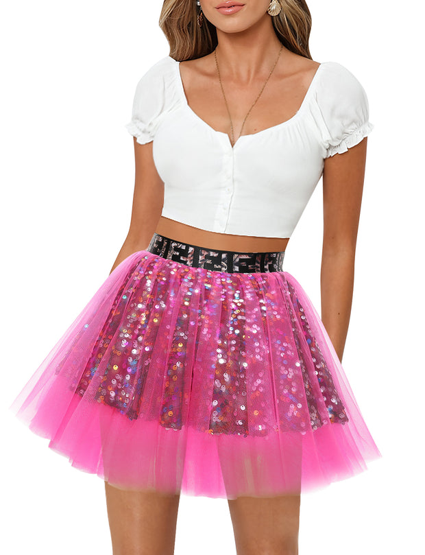 Dressystar Women Tutu Mini Sequins Skirts Tulle Petticoat Party Skirt Rose