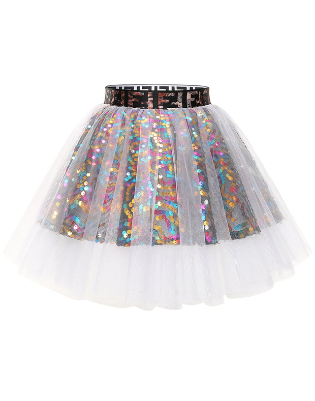 Dressystar Women Tutu Mini Sequins Skirts Tulle Petticoat Party Skirt White