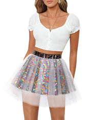 Dressystar Women Tutu Mini Sequins Skirts Tulle Petticoat Party Skirt White