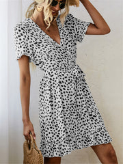 Black and White Print Short Sleeve Wrap Dress