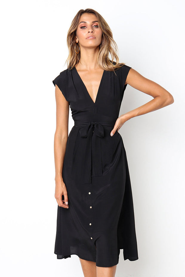 Dressystar Black Women Work Casual Midi Dress with Belt