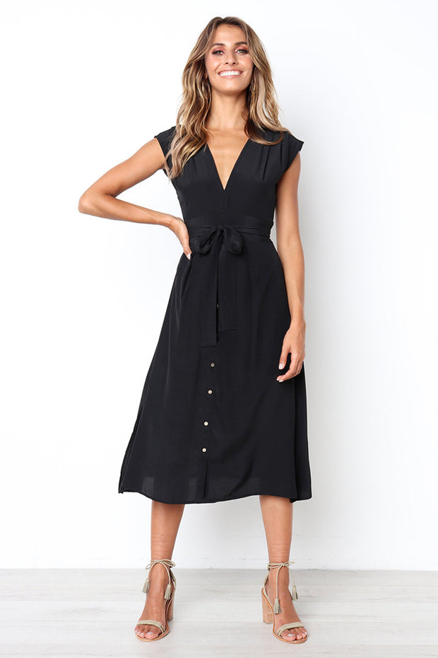 Dressystar Black Women Work Casual Midi Dress with Belt