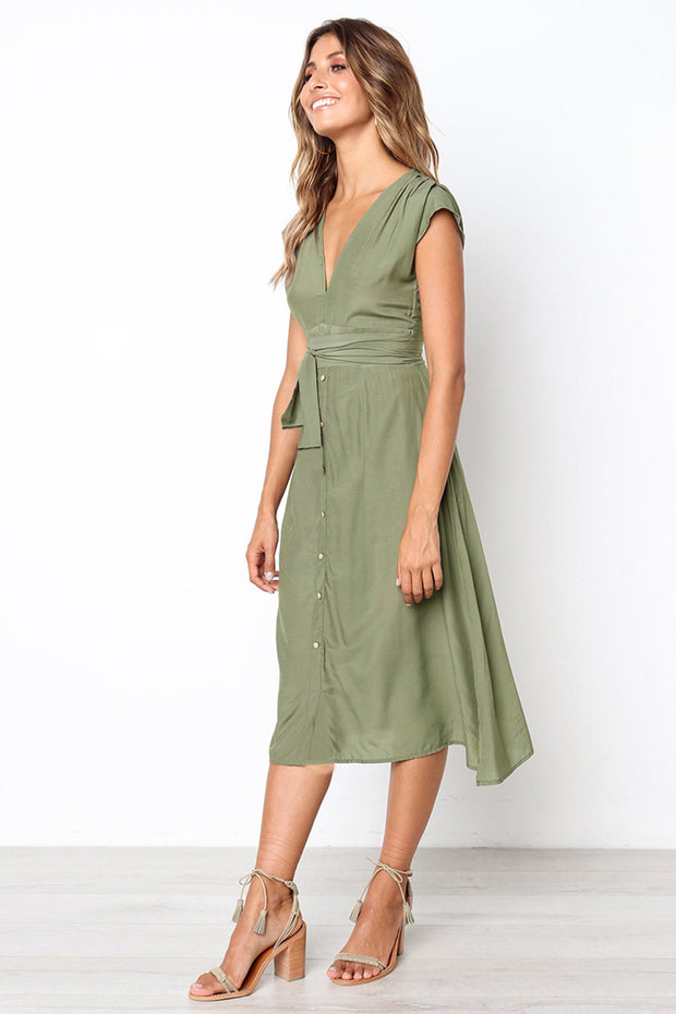 Dressystar Green Summer Casual Short Sleeve Swing Dress with Belt