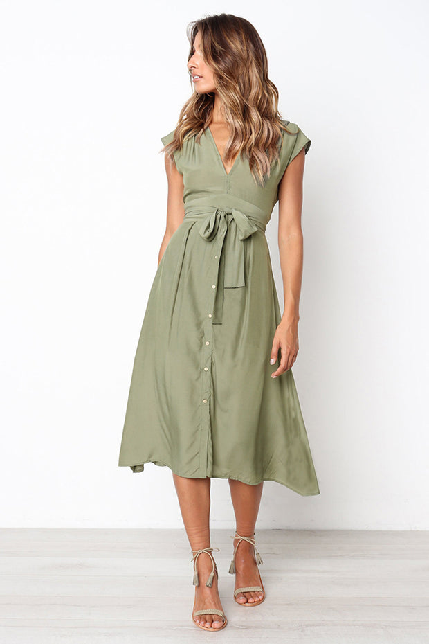 Dressystar Green Summer Casual Short Sleeve Swing Dress with Belt