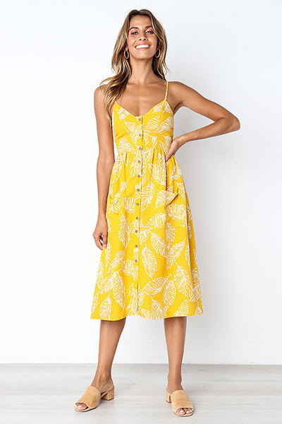 Dressystar Yellow Casual Loose Floral Print Dress with Pockets Summer