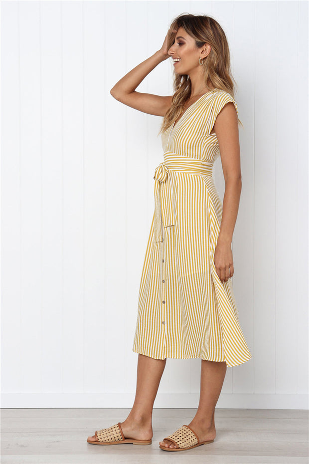 Dressystar Yellow Women Striped Casual Short Sleeve Summer Dress with Belt