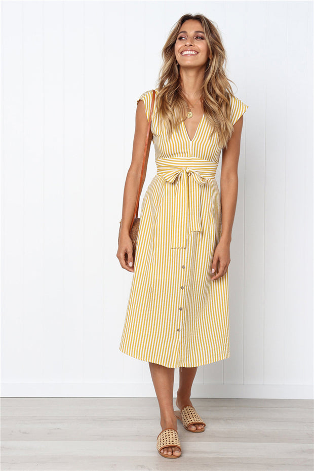 Dressystar Yellow Women Striped Casual Short Sleeve Summer Dress with Belt