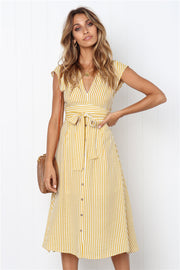 Dressystar Yellow Women Striped Casual Short Sleeve Summer Dress with Belt