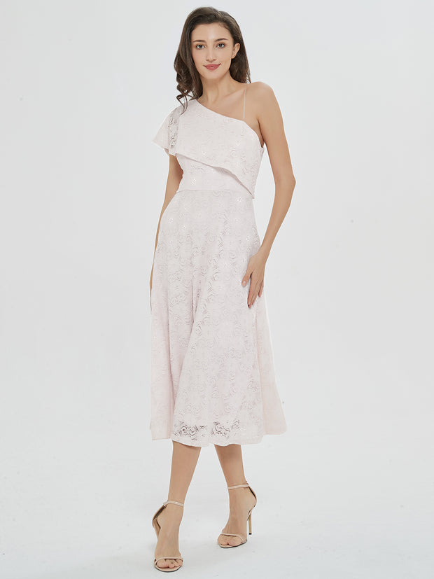 White Ruffled One-Shoulder Midi Dress