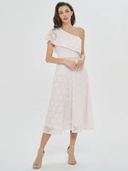 White Ruffled One-Shoulder Midi Dress