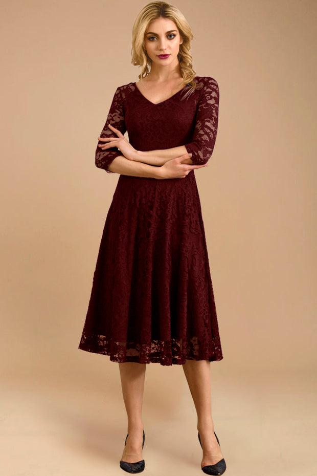 Dressystar women v neck midi lace dress 0058 burgundy main