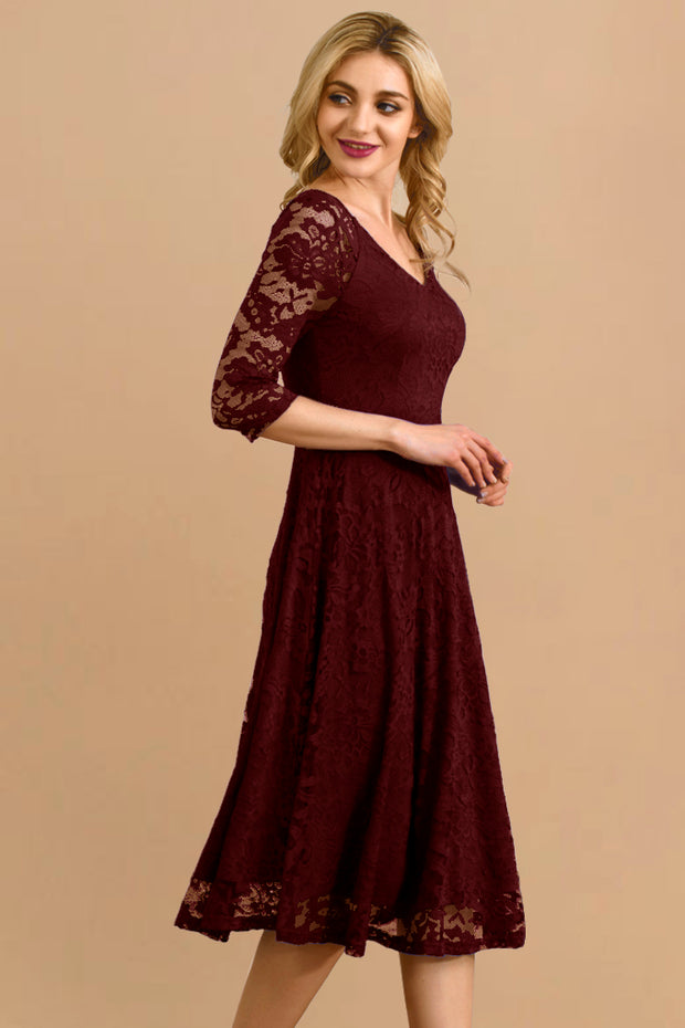 Dressystar women v neck midi lace dress 0058 burgundy side