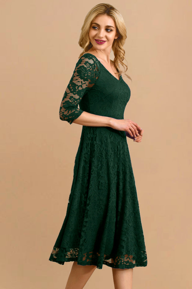 Dressystar women v neck midi lace dress 0058 darkgreen side