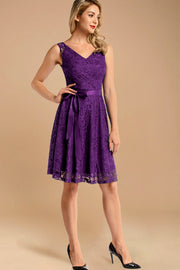 purple short lace dress with belt