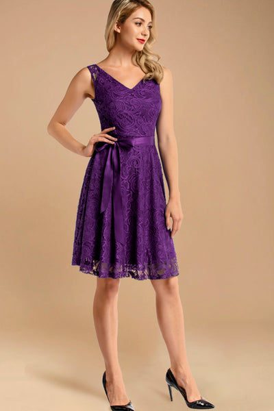 purple short lace dress with belt