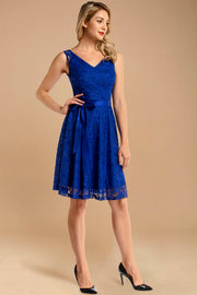 royalblue v neck lace bridesmaid dress with belt