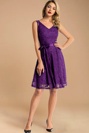 v neck short lace bridesmaid dress with belt purple