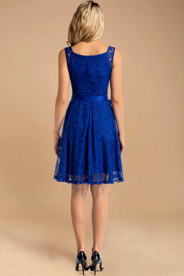 v neck short lace bridesmaid dress with belt royalblue