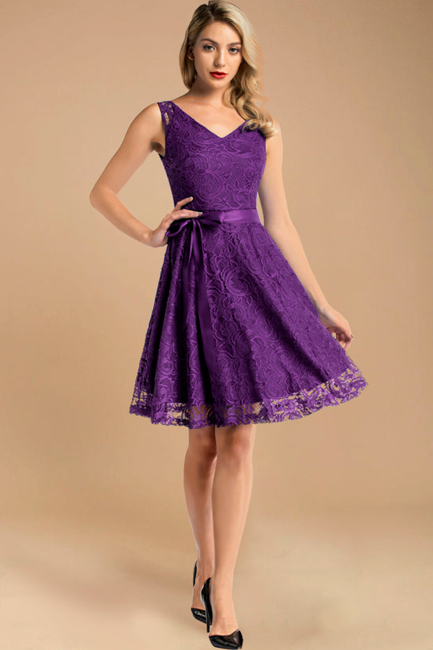 v neck short lace dress with belt purple