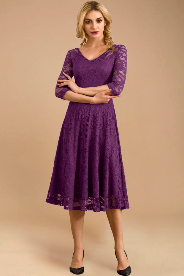 Dressystar women v neck midi lace dress 0058 purple front