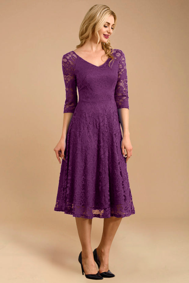Dressystar women v neck midi lace dress 0058 purple front