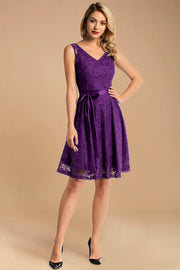 purple short sleeveless lace dress with belt