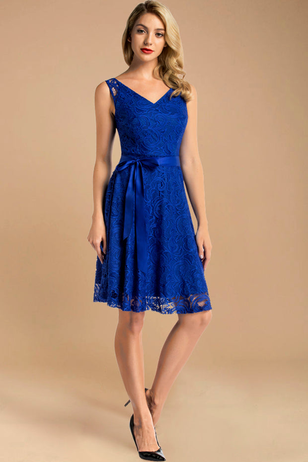 v neck short lace dress with belt royalblue