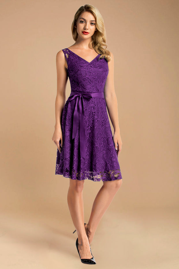 Elegant V Neck Floral Purple Lace Bridesmaid Dress with Belt