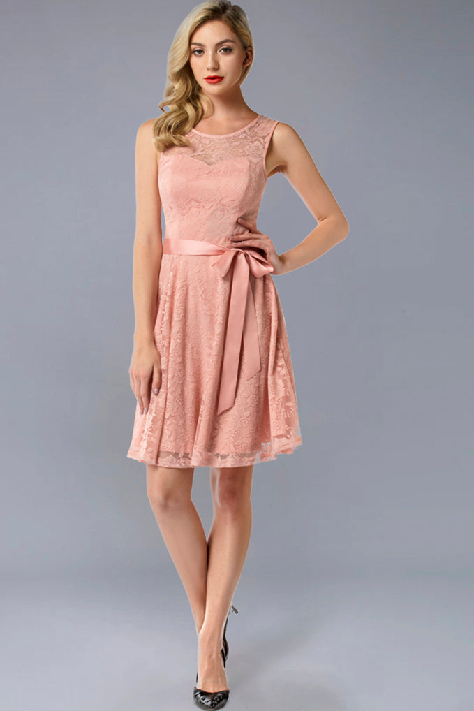 Fresh Blush Short Floral Lace Bridesmaid Dress with Belt