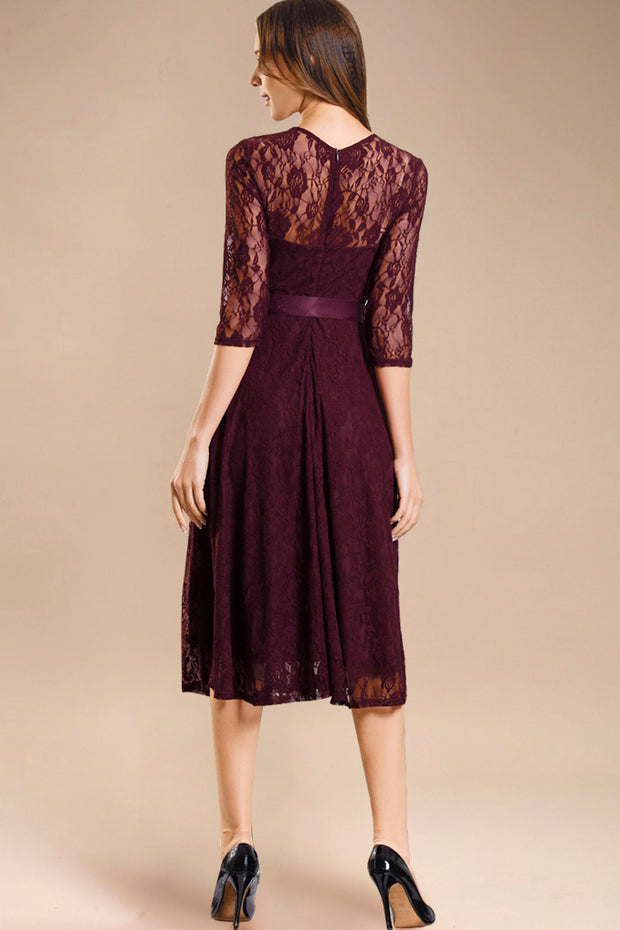 Dressystar women's 3/4 sleeves lace midi dress with belt 0017 burgundy back