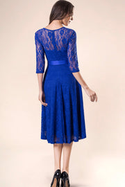 Dressystar women's 3/4 sleeves lace midi dress with belt 0017 royalblue back