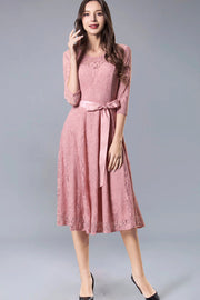 Dressystar women's 3/4 sleeves lace midi dress with belt 0017 blush front