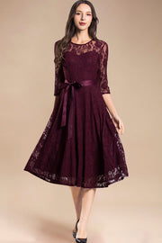 Dressystar women's 3/4 sleeves lace midi dress with belt 0017 burgundy front