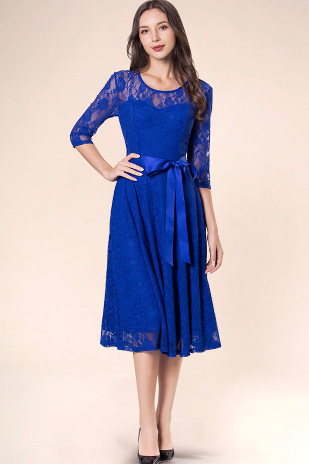 Dressystar women's 3/4 sleeves lace midi dress with belt 0017 royalblue front