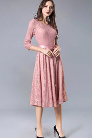  Dressystar women's 3/4 sleeves lace midi dress with belt 0017 blush main