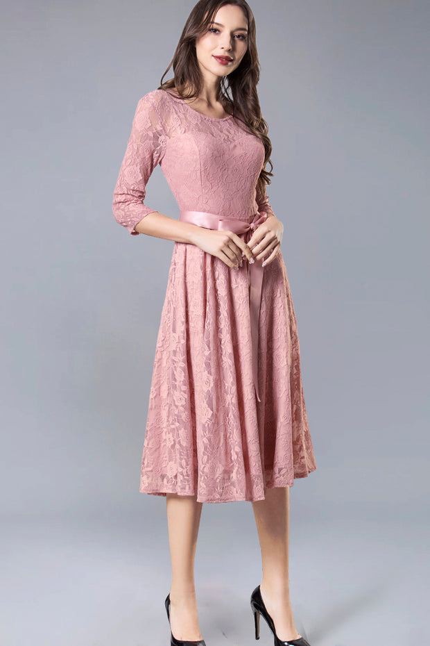  Dressystar women's 3/4 sleeves lace midi dress with belt 0017 blush main