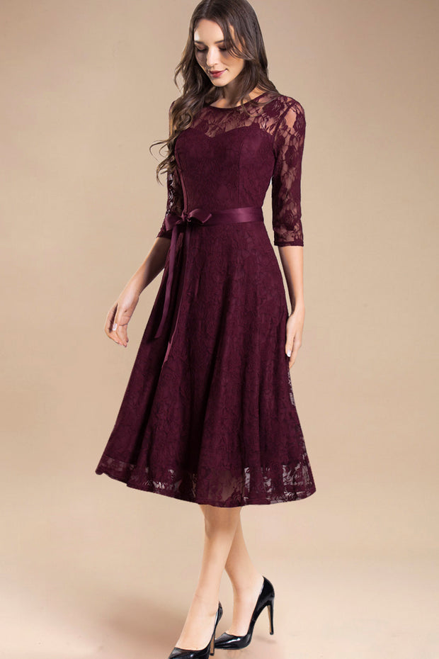 Dressystar women's 3/4 sleeves lace midi dress with belt 0017 burgundy main
