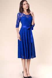 Dressystar women's 3/4 sleeves lace midi dress with belt 0017 royalblue side