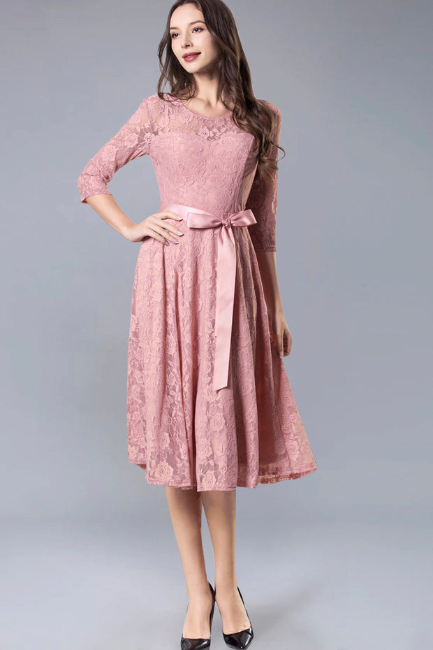 Dressystar women's 3/4 sleeves lace midi dress with belt 0017 blush front2