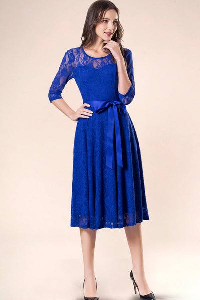  Dressystar women's 3/4 sleeves lace midi dress with belt 0017 royalblue main