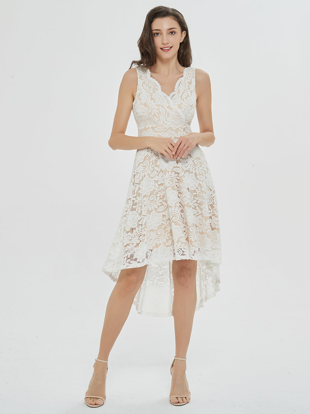 Love Swept White Sleeveless Lace High-Low Midi Dress – Dressystar